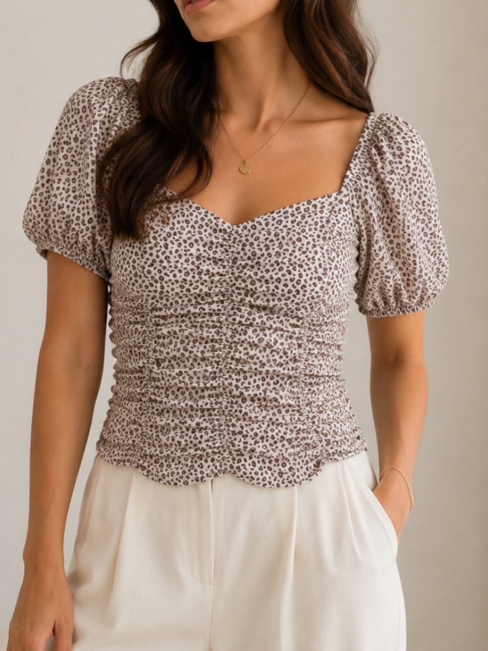 Paper Crane Smocked Leopard Print Puff Sleeve Crop Top Brown Cream Women's Small